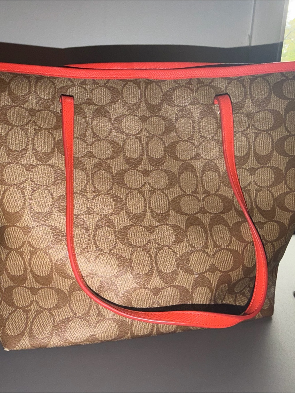Coach Brown Signature Tote with Coral-Orange Trim